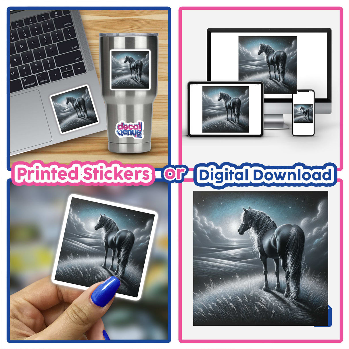 Collage featuring Horse on a Grassy Hill Under Moonlight, depicted in various forms like stickers and digital artwork, highlighting its majestic presence and intricate details.
