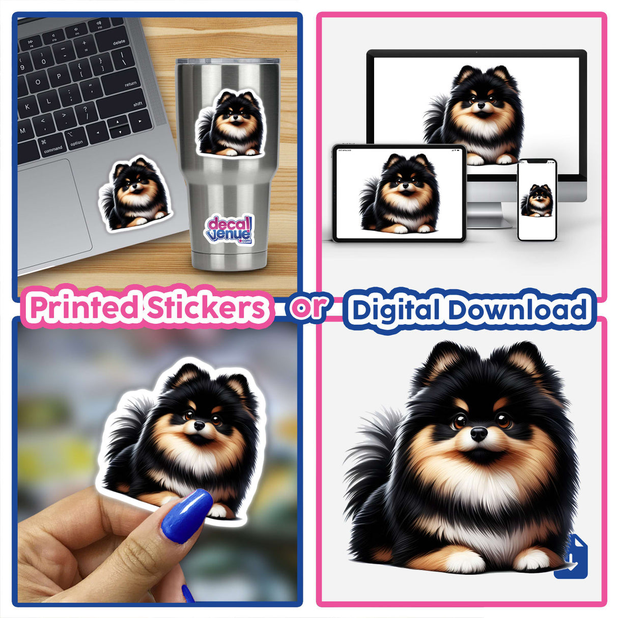 Tan and Black Pomeranian Pom Dog, depicted as a charming sticker or digital artwork, captures the breed's fluffy texture and lively expression, embodying Decal Venue's unique vinyl sticker and digital art offerings.