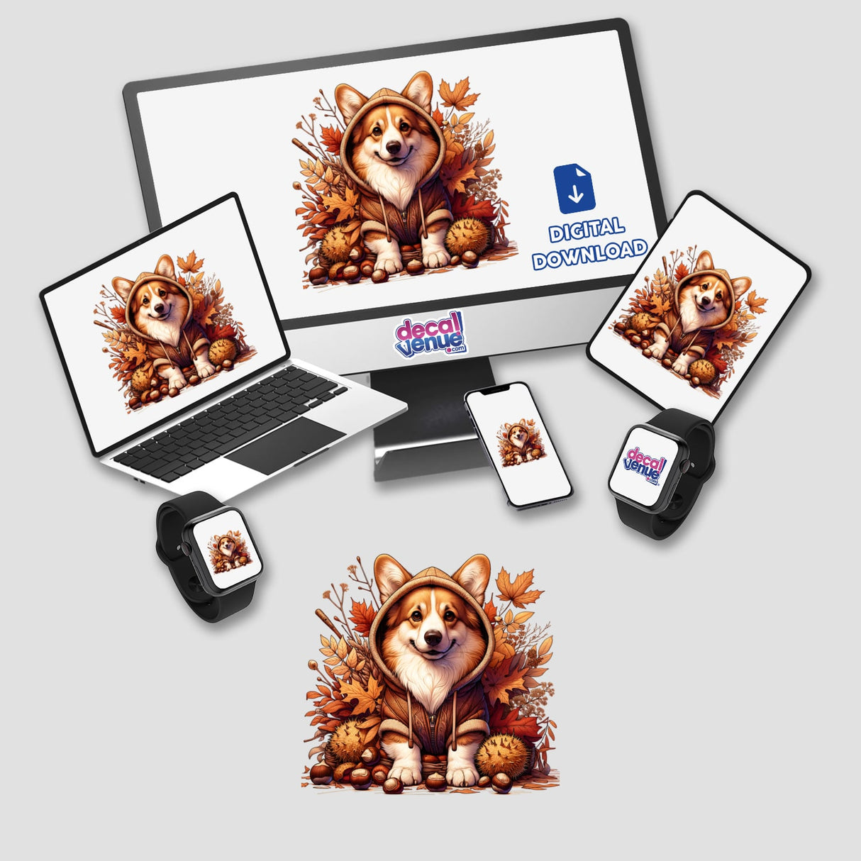 Autumn Corgi Dog in Cozy Sweater - Cute digital artwork with a cheerful Corgi wearing a cozy sweater surrounded by fall foliage, available as stickers or digital downloads from Decal Venue.