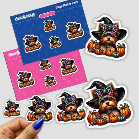 Halloween Yorkie Witch with Pumpkins sticker showing a cute dog wearing a witch hat surrounded by pumpkins. Available as stickers or digital artwork.