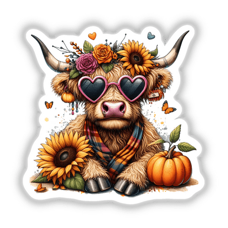 Fall Highland Cow Sunflowers and Pumpkins: A cow wearing sunglasses and a floral scarf, surrounded by sunflowers and pumpkins. Available as stickers or digital artwork.