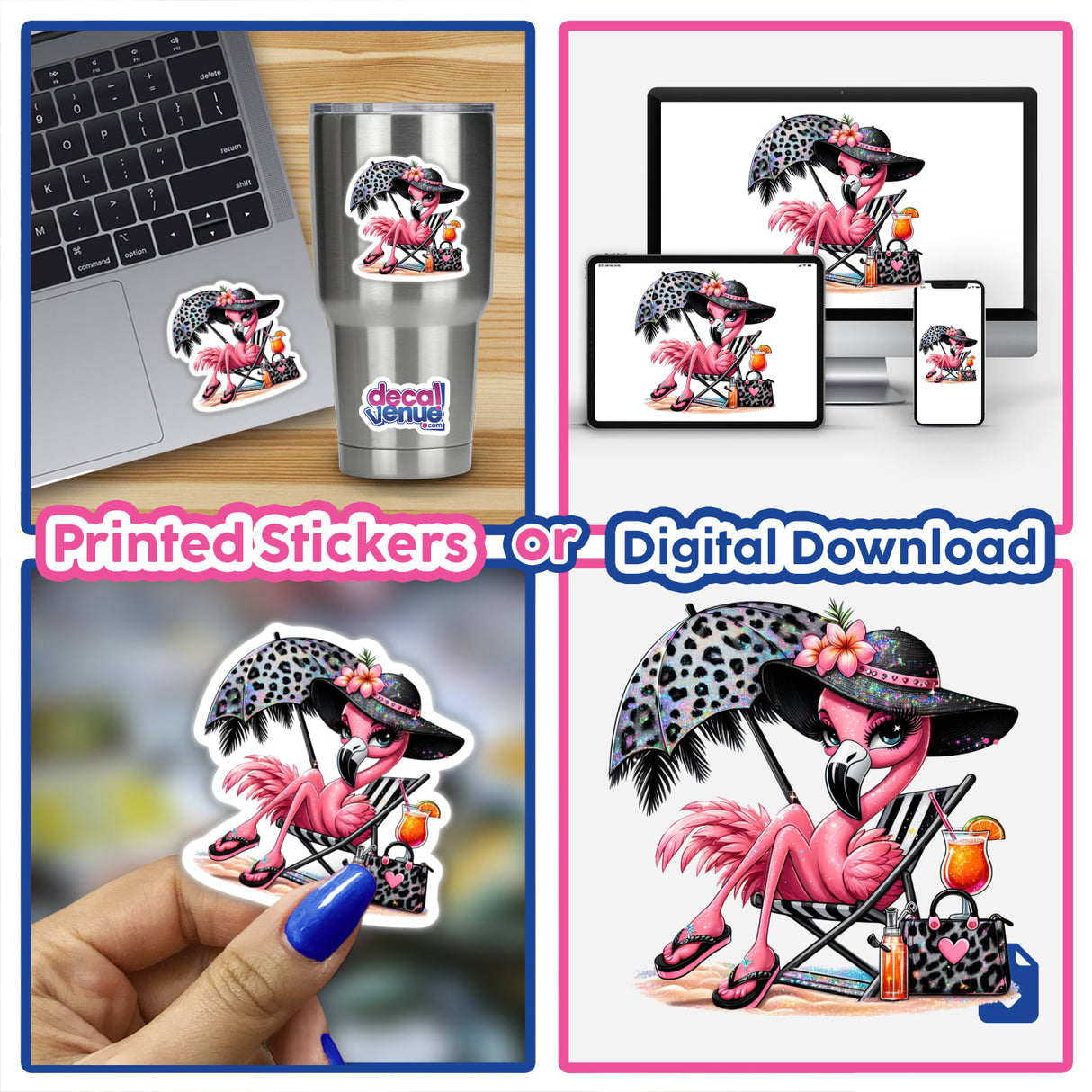 Sparkly Flamingo Beach Diva features a cartoon flamingo lounging on a beach chair, perfect as a vinyl sticker or digital artwork.