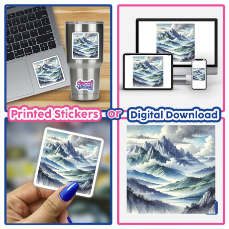 Collage featuring Mountain Majesty - Watercolor Peaks and Valleys stickers and digital artwork, showcasing mountains on laptops and paintings, emphasizing the intricate watercolor details of the peaks and valleys.