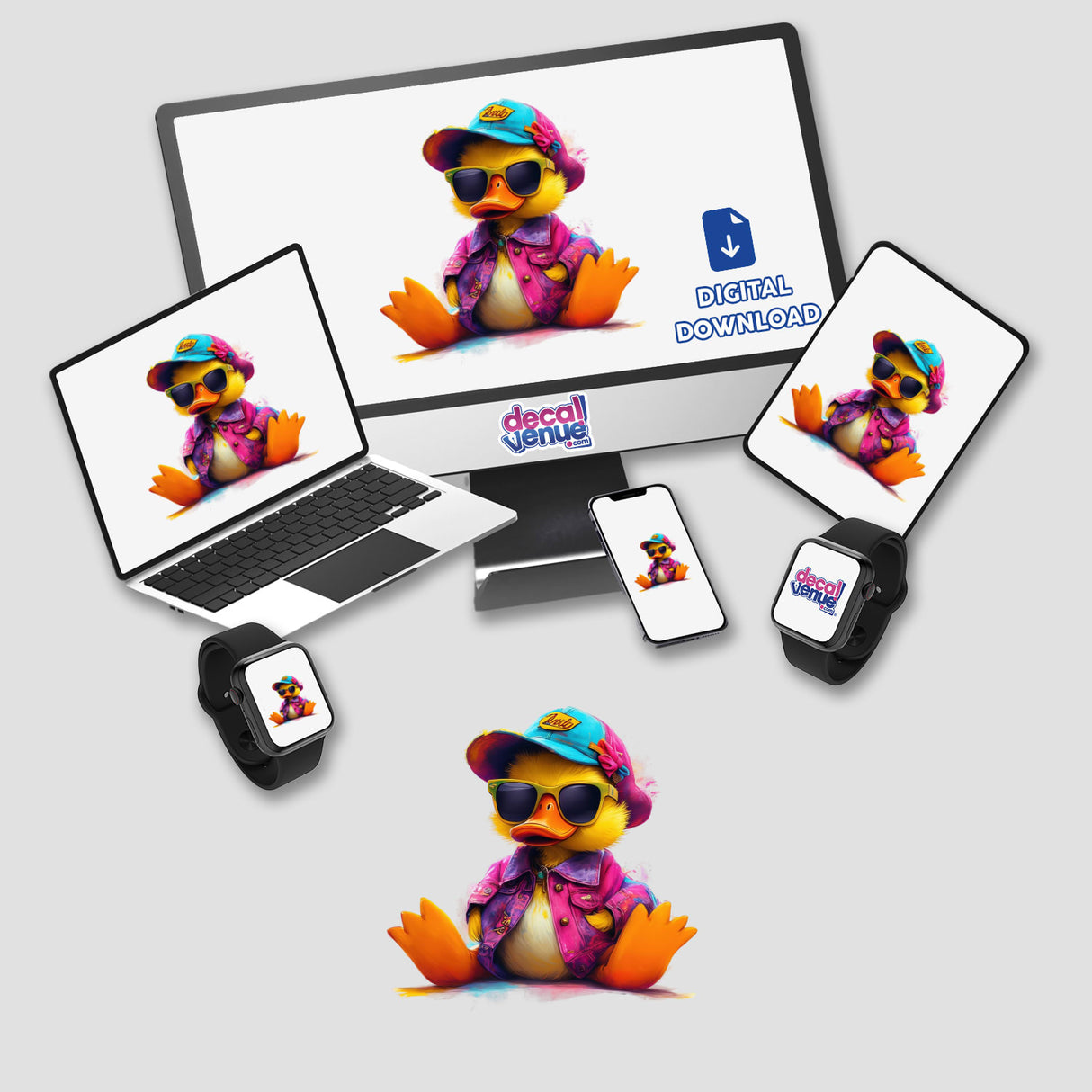 Hipster Duck Sunglasses: A computer monitor and laptop displaying a cartoon duck wearing a hat and sunglasses, available as stickers or digital artwork.