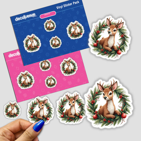 Sticker featuring a cartoon reindeer nestled in a Christmas wreath, available as part of Decal Venue's unique sticker and digital art collection, titled Reindeer in a Christmas Wreath.