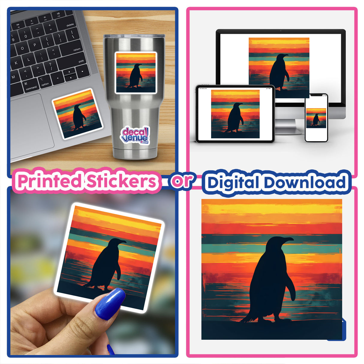 Penguin Silhouette with Bold Horizontal Stripes: A collage featuring a laptop with a penguin silhouette sticker and a close-up of a person's finger applying another penguin sticker.