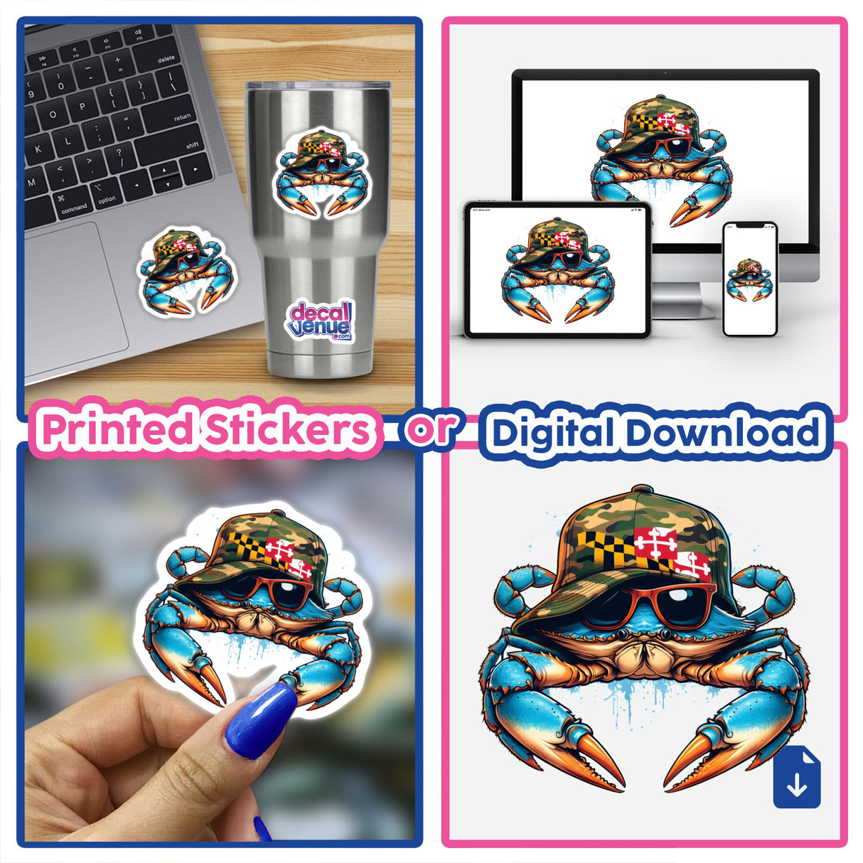 Maryland Redneck Blue Crab depicted as a detailed sticker or digital artwork, showcasing intricate design typical of Decal Venue's unique vinyl and digital art collection.