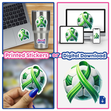 Collage featuring Soccer Ball Green Ribbon stickers and digital artwork, including close-ups of a laptop and football with green ribbons, highlighting unique designs from Decal Venue.