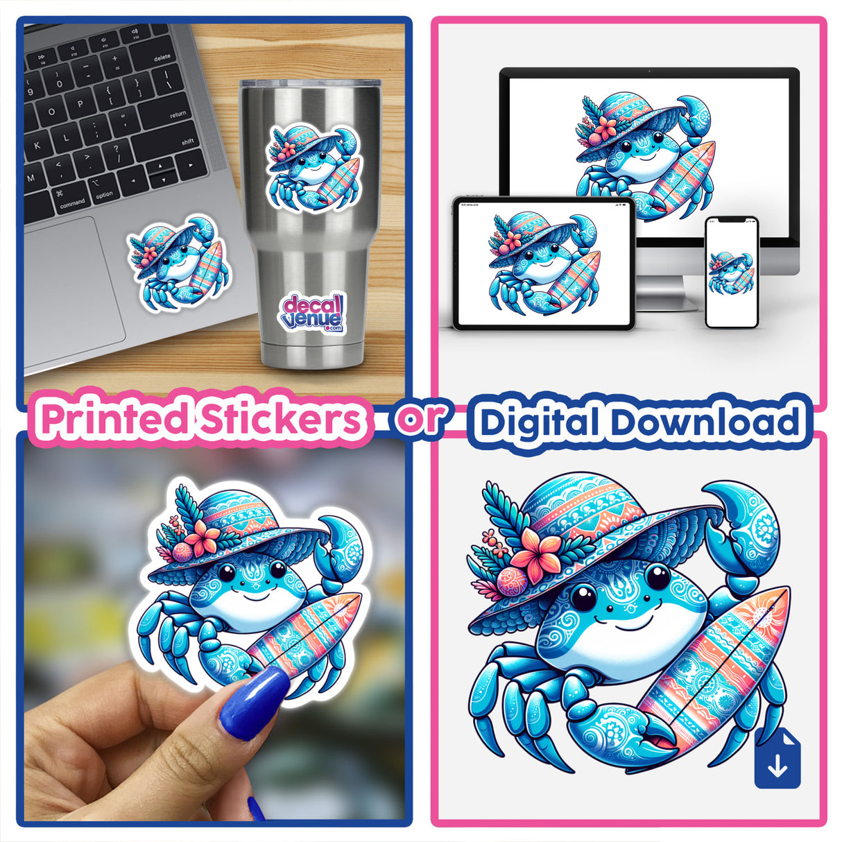 Crab in Summer Beach Hat with Surfboard