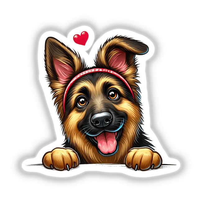 Peeking German Shepherd illustrated as a cartoon, featuring a playful expression with its tongue out and wearing a red headband. Available as stickers or digital artwork from Decal Venue.