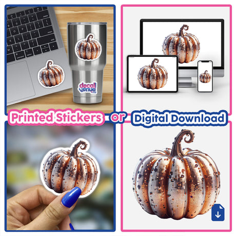Shimmering Pumpkin collage featuring close-ups of detailed pumpkin designs, a hand holding one, and a laptop with a pumpkin sticker, available as stickers or digital artwork.