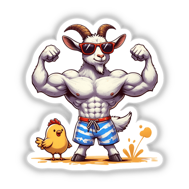 Flexing Muscular Goat and Chickie cartoon featuring a goat in sunglasses flexing alongside a cartoon chicken. Available as stickers or digital artwork from Decal Venue.