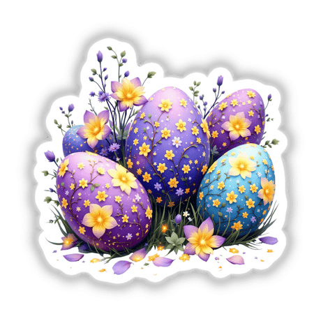 Whimsical Magical Eggs with Blooming Springtime: A vibrant collection of decorated eggs adorned with intricate floral designs, available as unique vinyl stickers or digital artwork from Decal Venue.