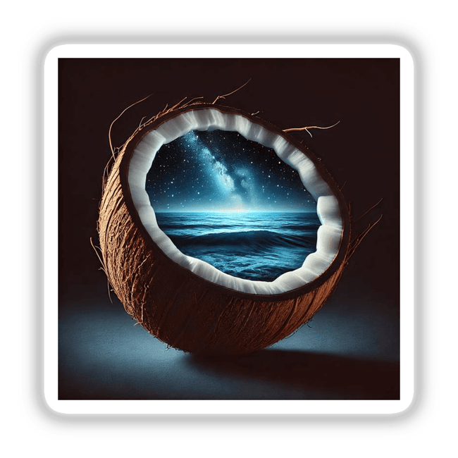 Celestial Waters Starry Night Inside a Coconut design featuring a coconut with a surreal ocean and night sky view, available as stickers or digital art from Decal Venue.