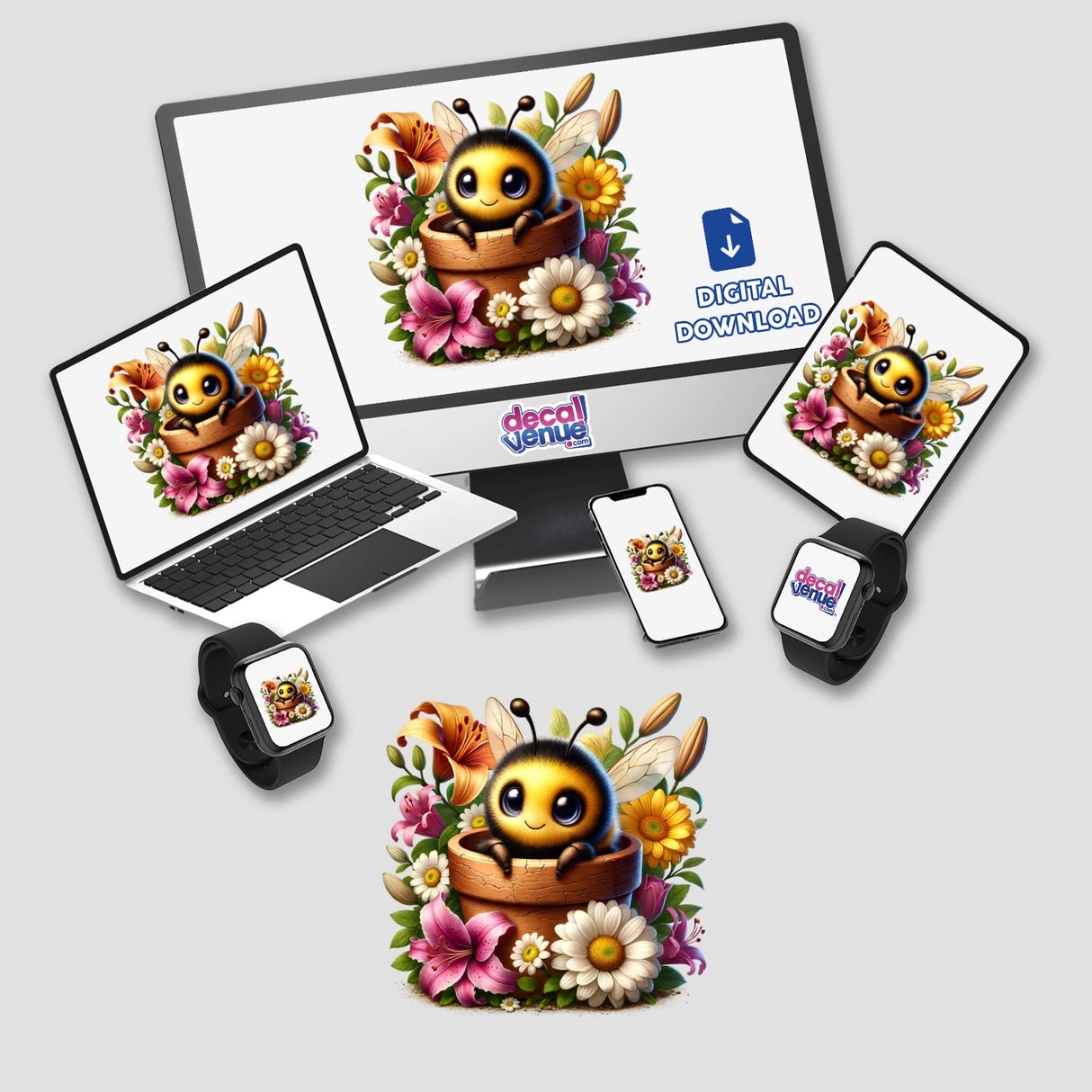 Cheerful bumble bee peeking out of colorful floral arrangement on various digital devices, including laptop, smartphone, and smartwatch, displayed by Decal Venue - a shop offering unique stickers and digital art.