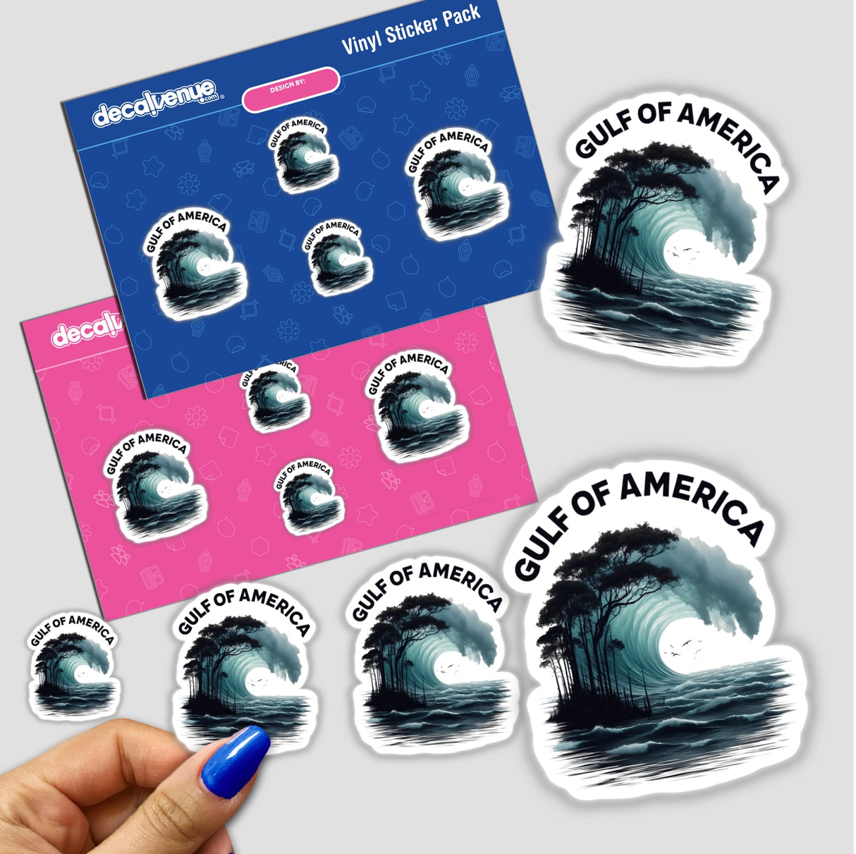 Gulf of America stickers feature waves and hands, showcasing unique designs with trees and birds. Available as vinyl decals or digital artwork, perfect for adding a creative touch.