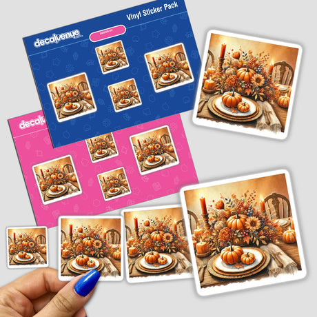 Thanksgiving Table - Festive Feast with Pumpkins and Leaves sticker featuring a detailed table setting with pumpkins, candles, and autumn decorations, perfect for seasonal decor.