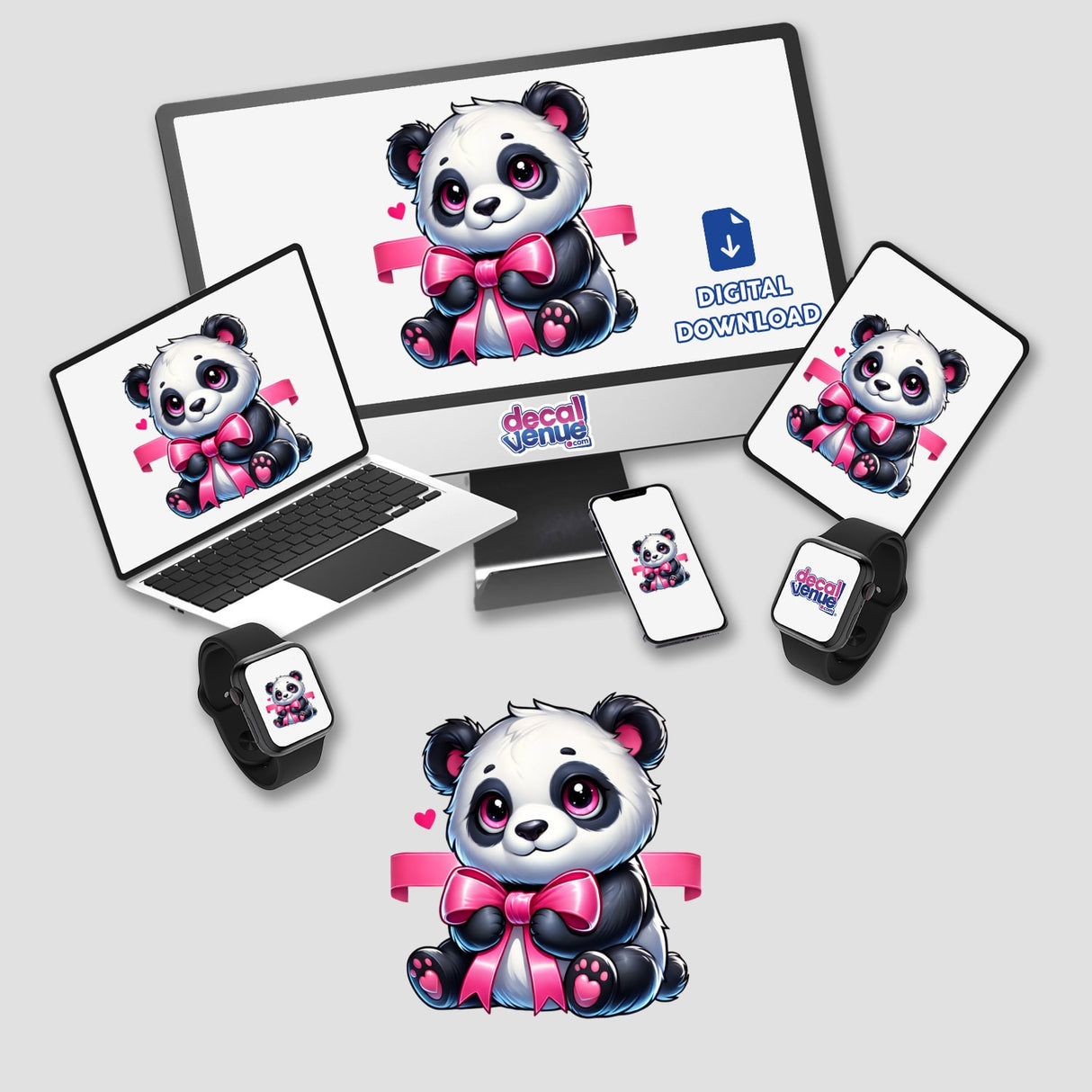 Cute Panda Holding Pink Ribbon displayed on a computer monitor and laptop screen, available as stickers or digital artwork.