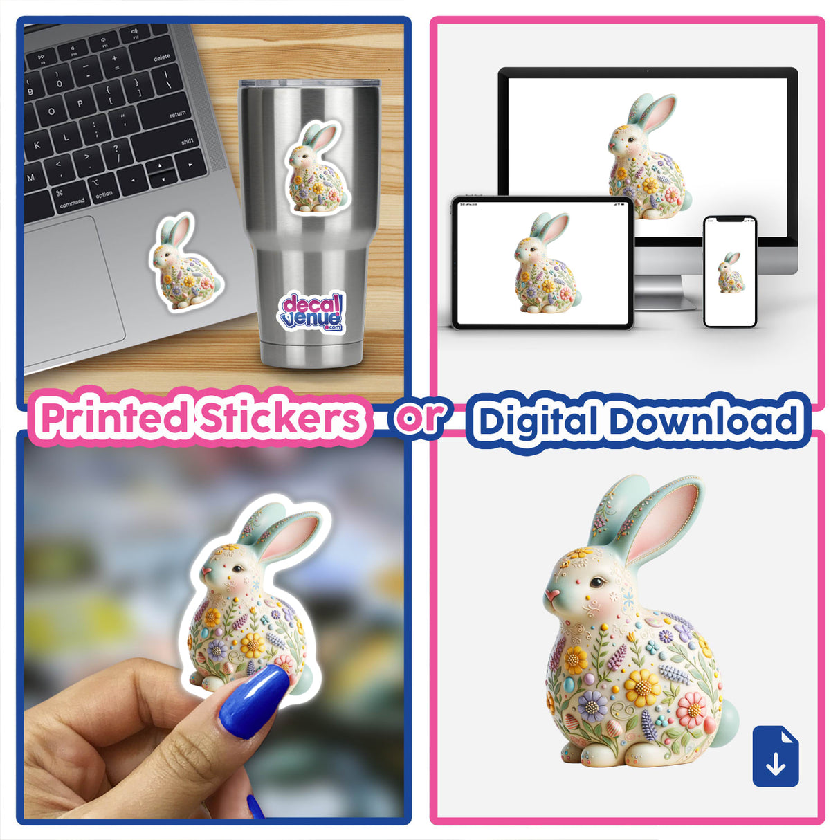 Hand-Painted Easter Bunny Figurine with Floral Design next to a collage of matching bunny stickers. A laptop adorned with a bunny sticker, emphasizing Decal Venue's unique vinyl and digital art offerings.