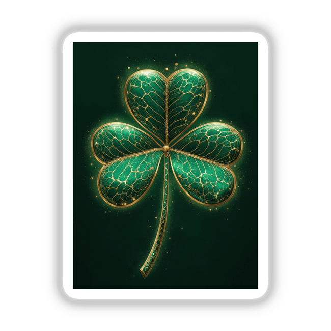 Golden Shamrock sticker or digital art, featuring a detailed green clover with gold accents. Ideal for adding a touch of luxury to any surface or digital project.