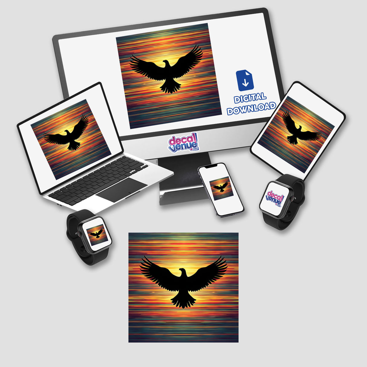 Computer monitor and laptop displaying Eagle Silhouette with Dynamic Multi-Color Stripes; available as stickers or digital artwork from Decal Venue.