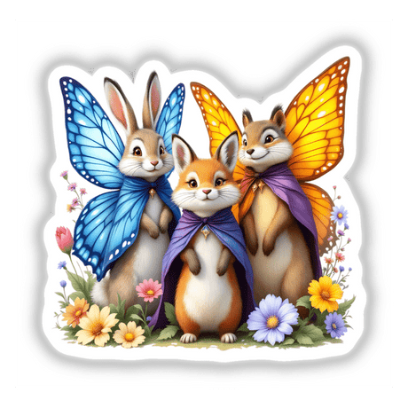 Anthropomorphic Animals with Butterfly Wings as Capes: Cartoon animals adorned with butterfly wing capes, featuring a rabbit prominently, available as unique stickers or digital artwork.