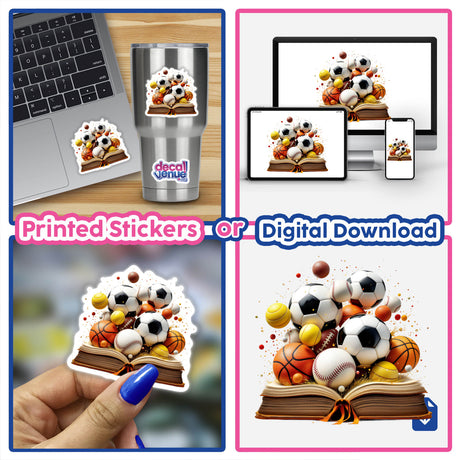 Sports Ball Collection Emerging from an Open Book: vibrant sports balls burst from a book, symbolizing creativity and learning, available as stickers or digital art from Decal Venue.