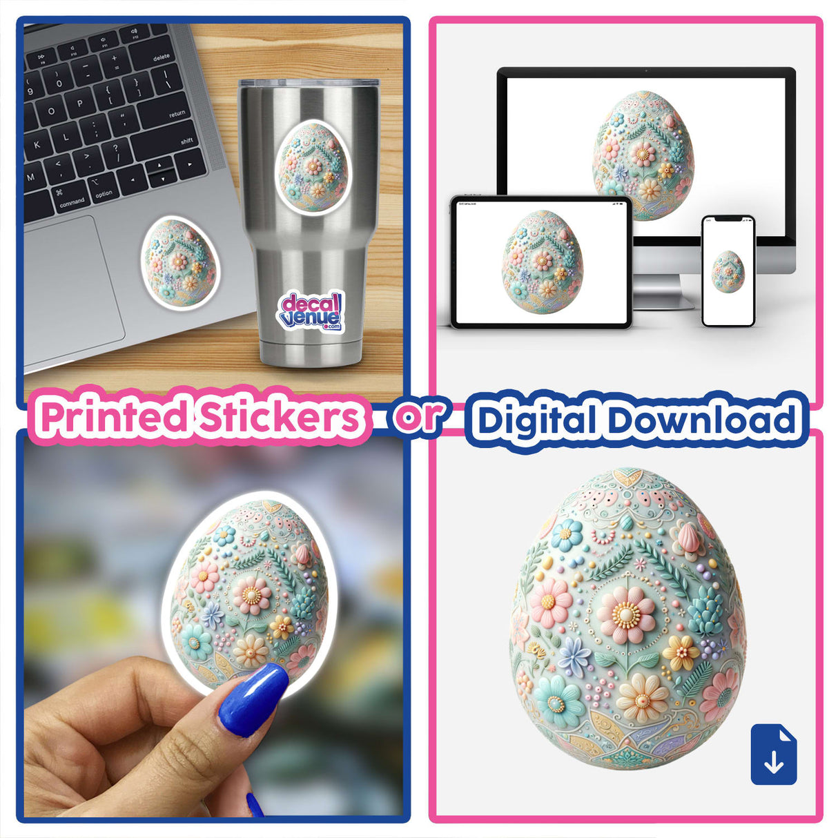 Decorative Easter Egg with Floral Design for Easter, featuring a collage of painted eggs with intricate floral patterns, available as stickers or digital artwork from Decal Venue.