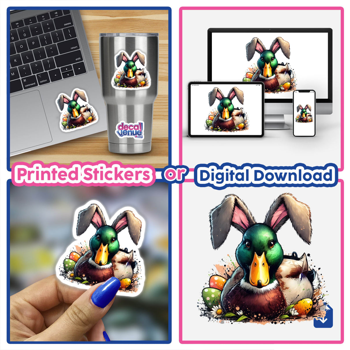 Mallard Duck Bunny Sitting on Easter Eggs sticker displayed on a laptop, showcasing a cartoon duck with bunny ears and eggs, ideal for decorating electronics or as digital art.