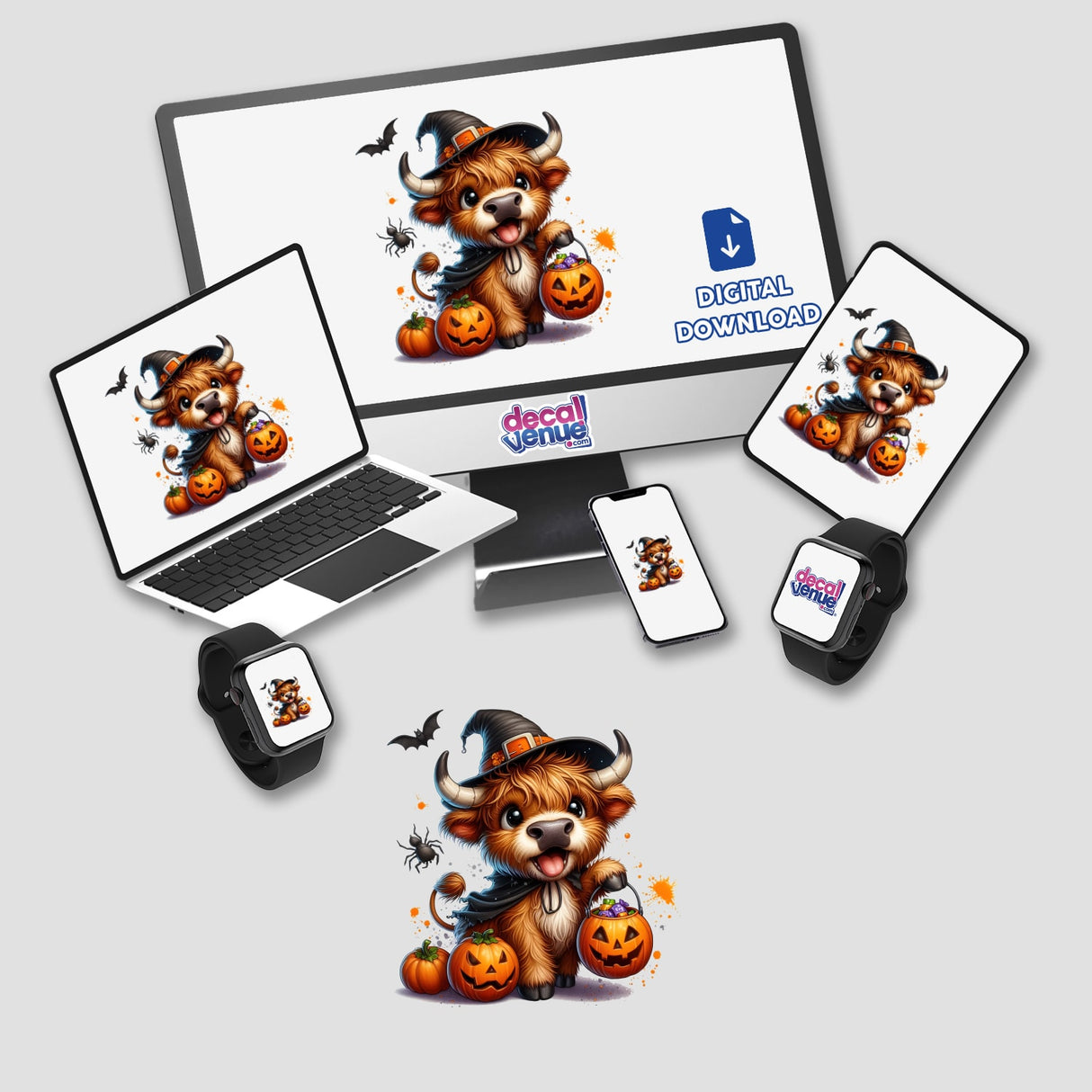 Cute Halloween Highland Cow in Costume displayed on a computer monitor and laptop, available as stickers or digital artwork, featuring the cow with pumpkins and a hat.