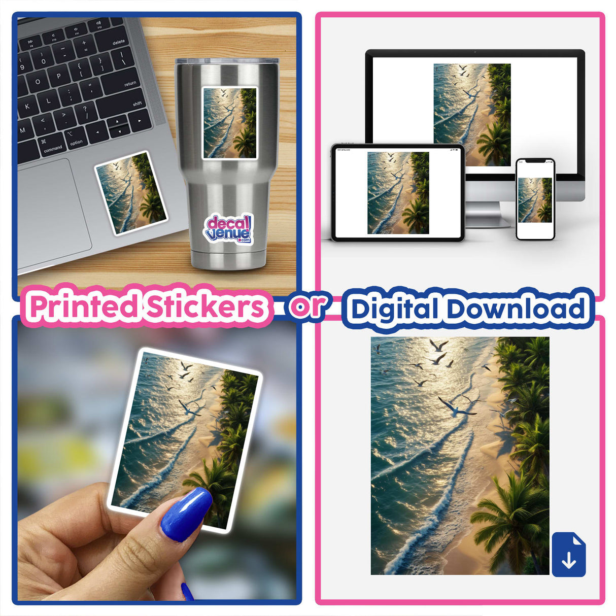 Golden Waves Seagulls Over Tropical Beach: A collage showcasing a beach scene with waves and seagulls, available as stickers or digital artwork, ideal for enhancing your space with coastal vibes.