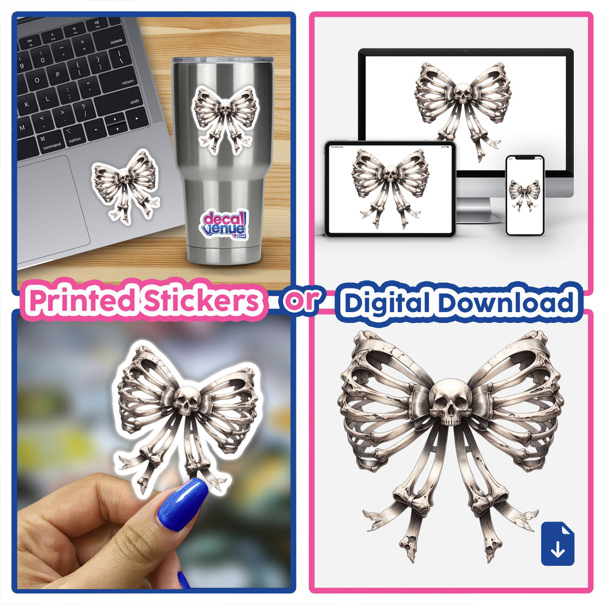 Stylish skeleton bow sticker designs, available as printed stickers or digital downloads from Decal Venue, an online shop offering unique digital art and sticker creations.