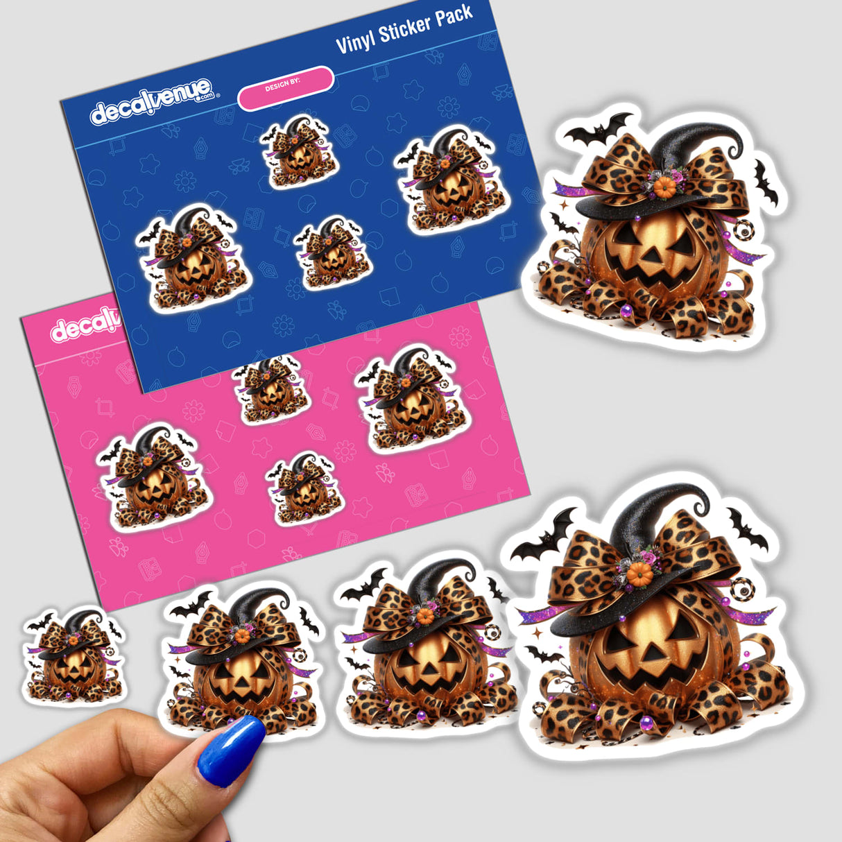 Leopard print Halloween pumpkin sticker pack with bows and spooky bat accents, displayed on a Decal Venue branded background.