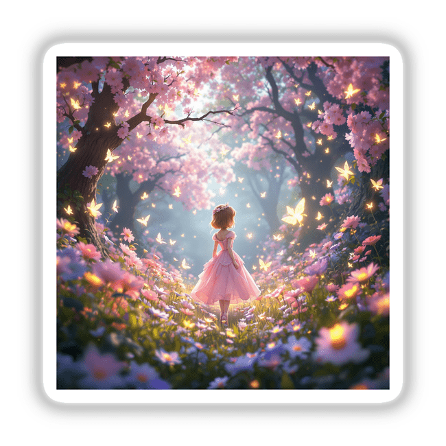 Enchanted Princess in a Dreamy Meadow: A girl in a pink dress strolls through a flower garden, captured as a sticker or digital artwork, embodying whimsical charm and elegance.