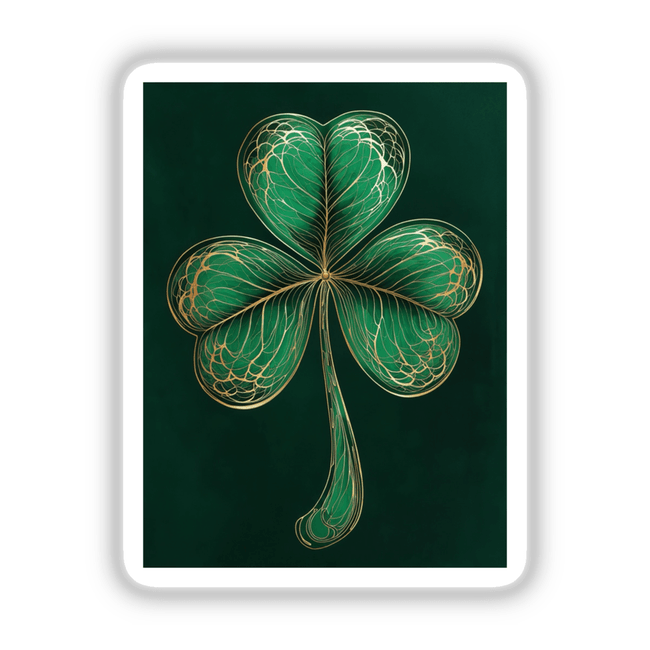 Elegant Shamrock – Intricate Green Clover with Gold Filigree, showcased as a detailed design ideal for stickers or digital artwork, reflecting Decal Venue's unique art style.