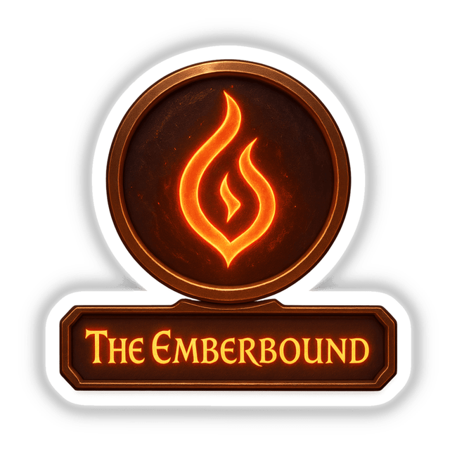 The Emberbound – RPG-Style Skill Badge (Bronze Flame Rune Emblem) features a detailed flame rune design, ideal as a vinyl sticker or digital art, exemplifying Decal Venue's unique offerings.