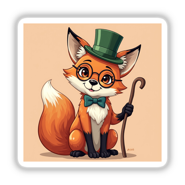Dapper Fox with Monocle and Green Top Hat, a whimsical cartoon featuring a fox in glasses and a top hat, available as stickers or digital artwork.