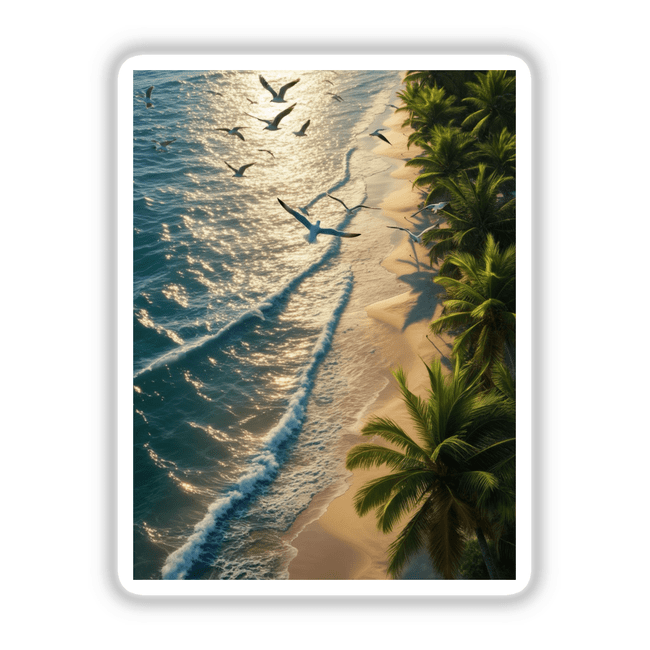 Golden Waves Seagulls Over Tropical Beach: A serene scene of birds soaring above a tropical beach with palm trees and waves, available as stickers or digital artwork from Decal Venue.
