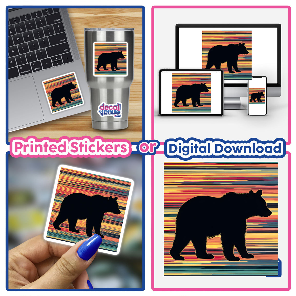 Bear Silhouette with Multi-Color Stripe sticker displayed on a laptop, showcasing a unique design from Decal Venue.