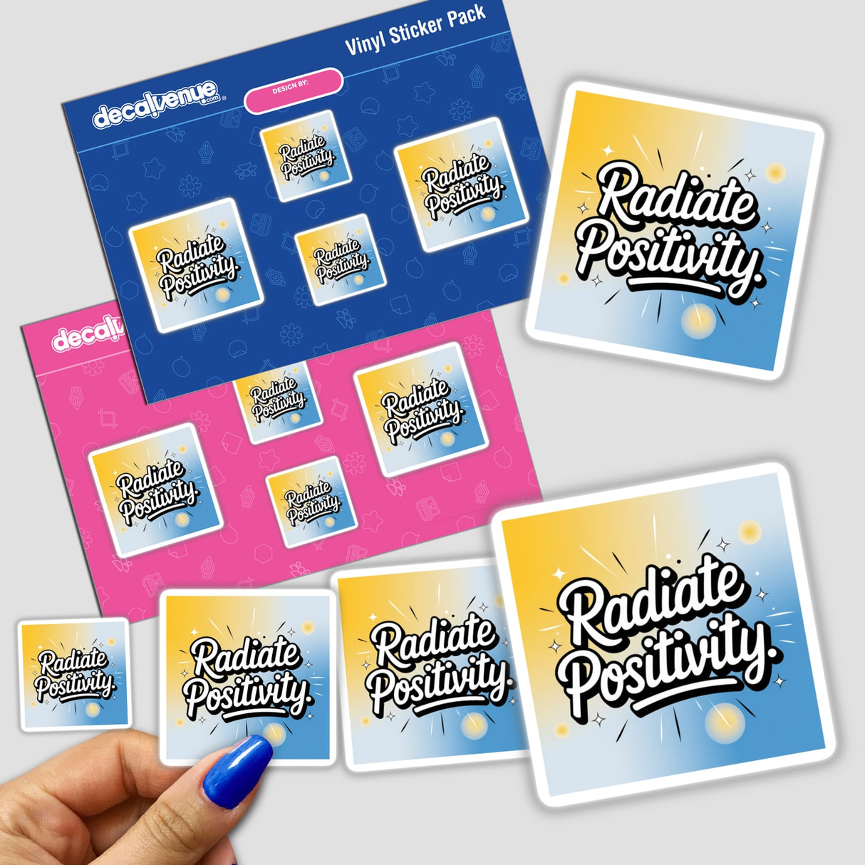 Sticker pack titled Radiate Positivity held in hand, featuring diverse designs. Available as physical stickers or digital artwork from Decal Venue, known for unique vinyl stickers and digital art.