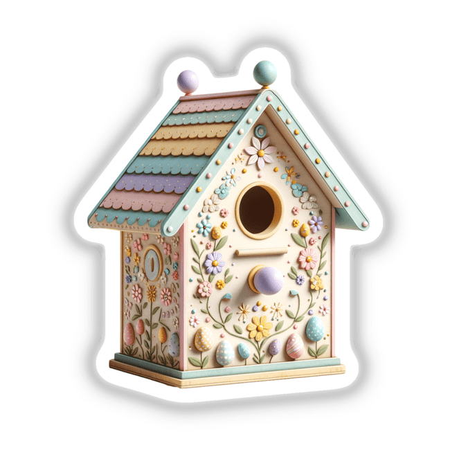 Colorful Hand-Painted Easter Birdhouse adorned with vibrant flowers and eggs, showcasing a whimsical design ideal for spring decor, available as a sticker or digital download from Decal Venue.