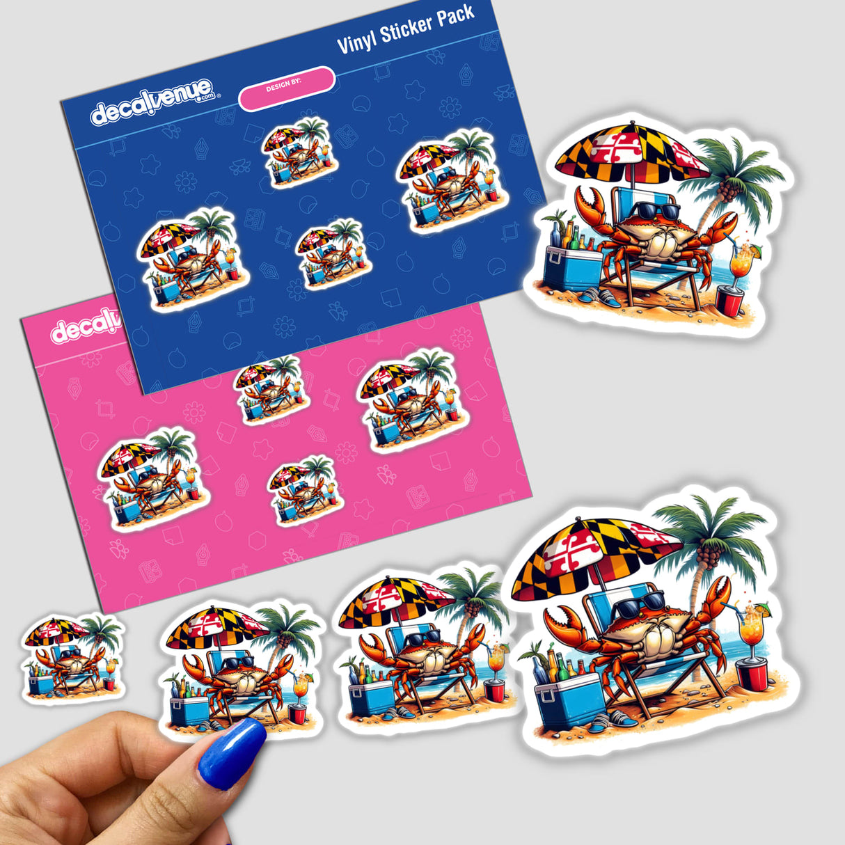 Maryland Flag Steamed Blue Crab Sunbathing in Beach Chair sticker pack, featuring cartoon crabs relaxing on the beach, available as unique vinyl stickers or digital artwork from Decal Venue.