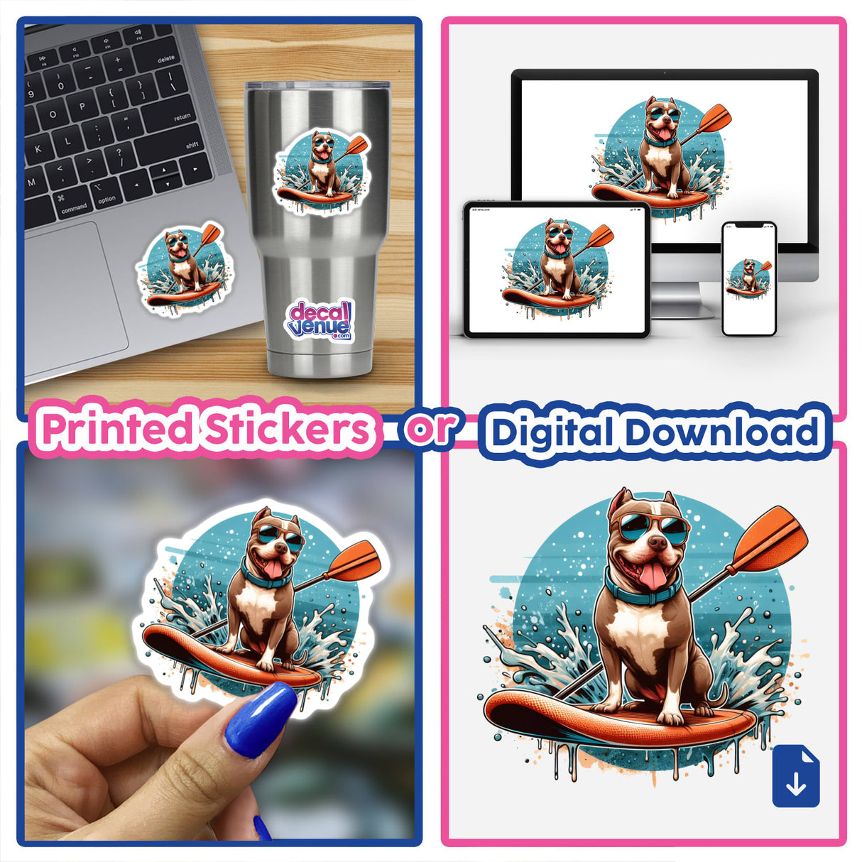 Retro Paddleboard Pitbull Dog sticker collage, featuring a cartoon pitbull on a surfboard, showcased on laptops and cups, available as unique vinyl decals or digital artwork at Decal Venue.