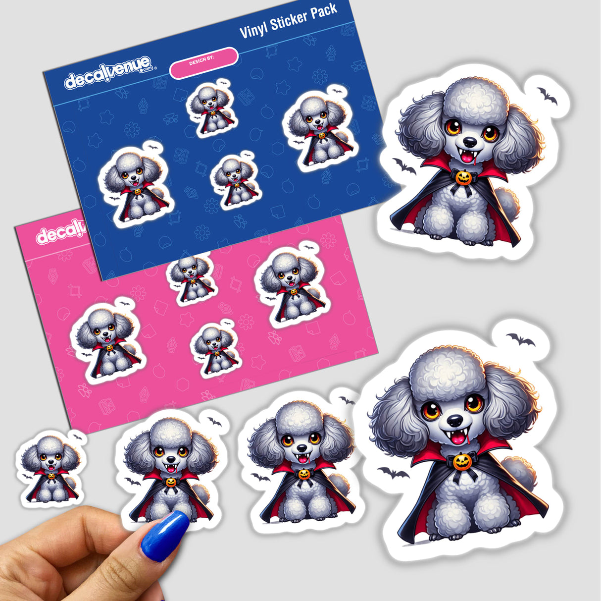 Vampire Poodle Dog with Fangs sticker pack featuring cartoon dogs in vampire outfits and capes, perfect for adding a spooky touch to your belongings.