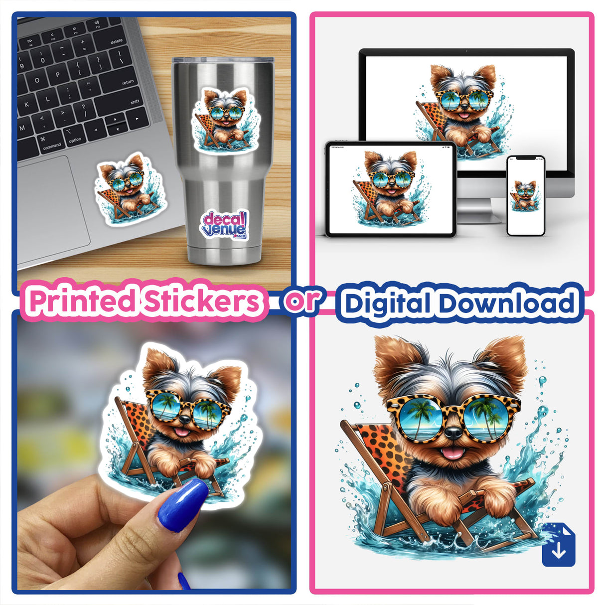 Peeking Yorkie Dog Sitting in Beach Chair II: A playful illustration of a Yorkie in sunglasses on a beach chair, perfect for stickers or digital art, capturing a tropical, fun-loving vibe.