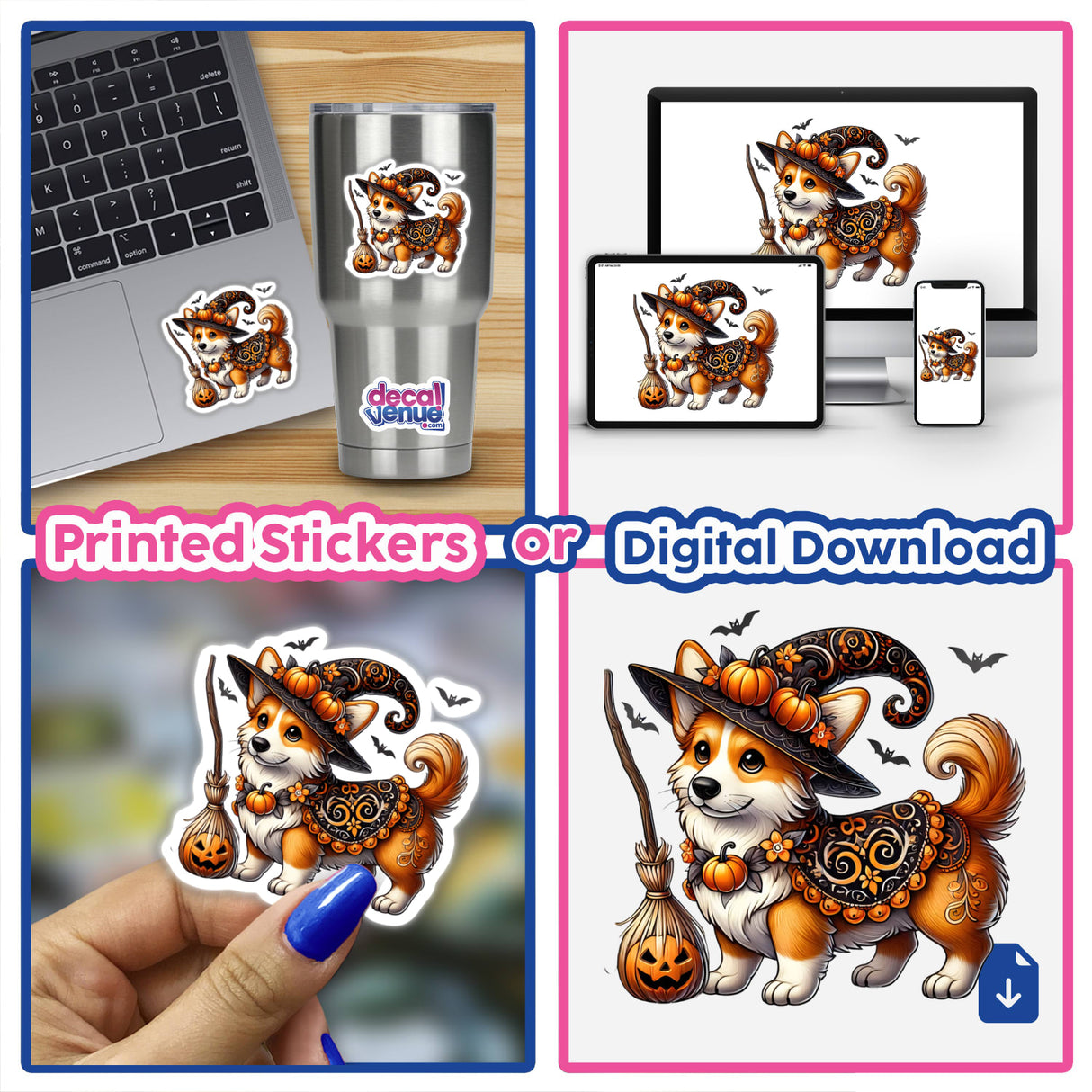 Cute Halloween Corgi Dog Wearing Witch Hat - Digital Artwork from DecalVenue