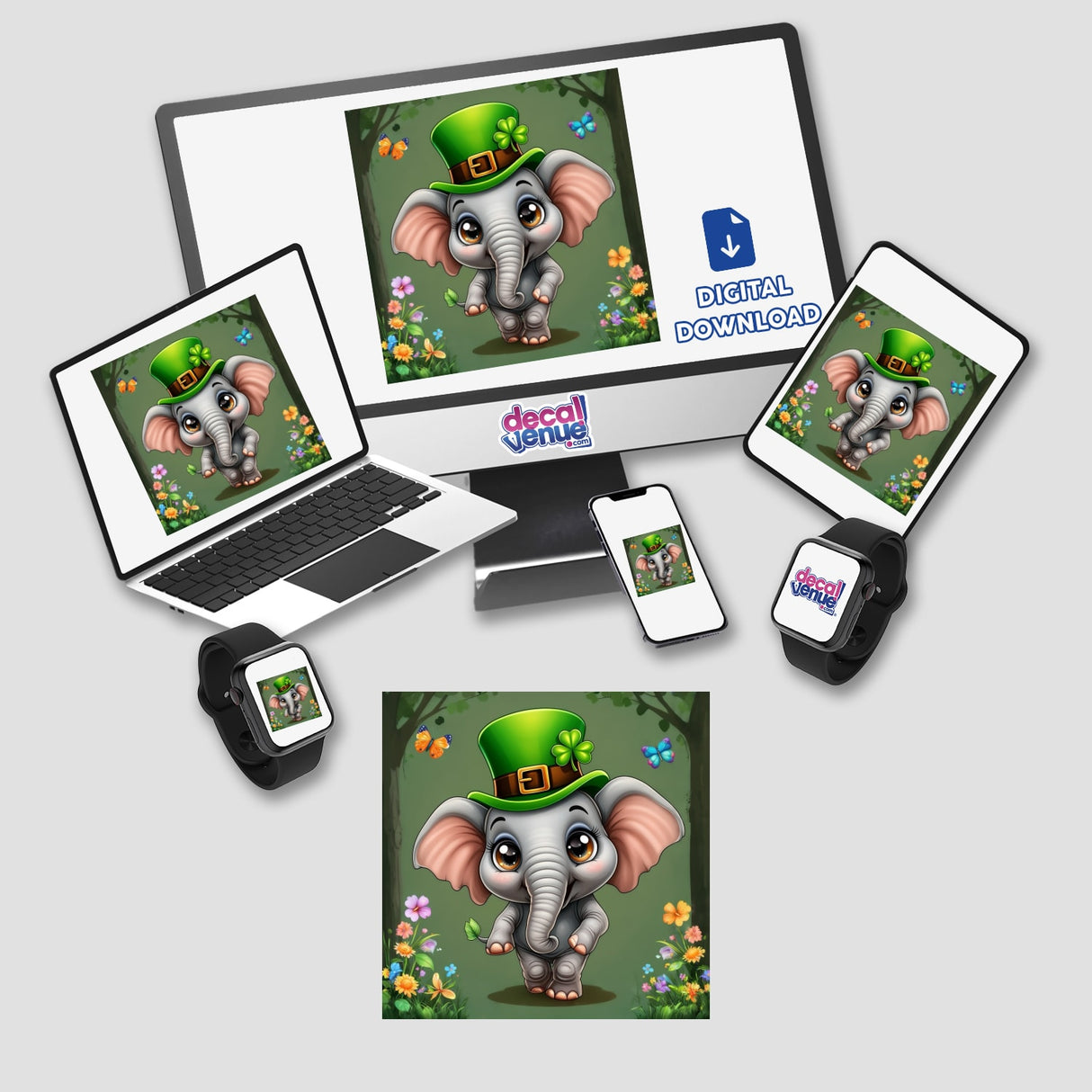 Leprechaun Elephant in Forest with Butterflies and Flowers