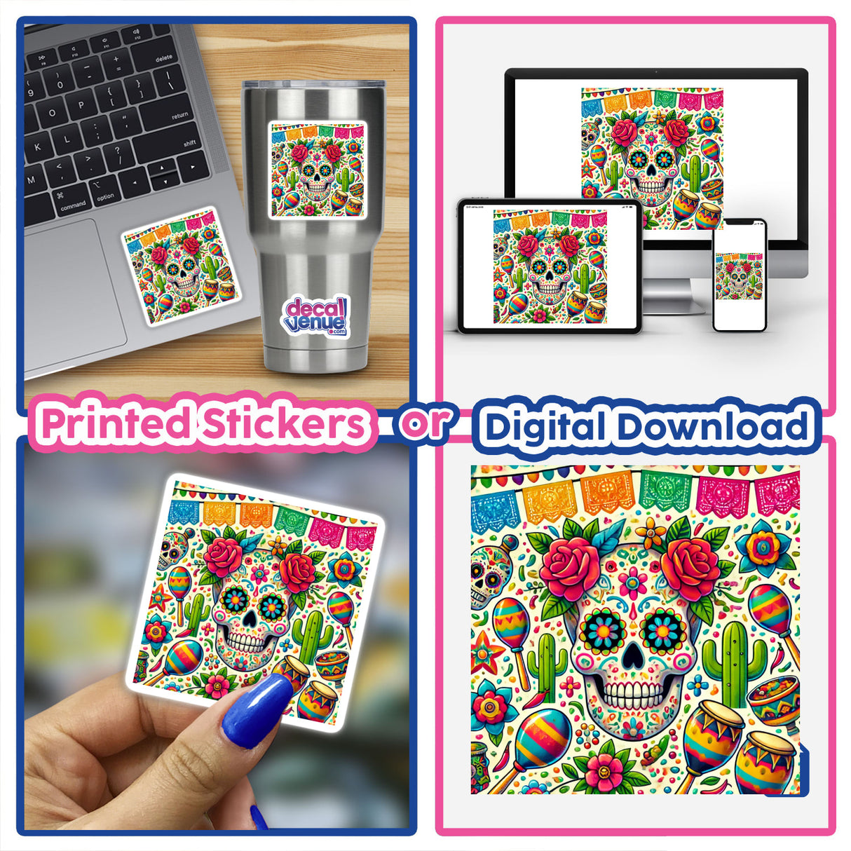Collage featuring Sugar Skull Flowers Maracas And More Festive Elements stickers; includes a hand holding a skull-and-flowers sticker, and a laptop adorned with a similar sticker.
