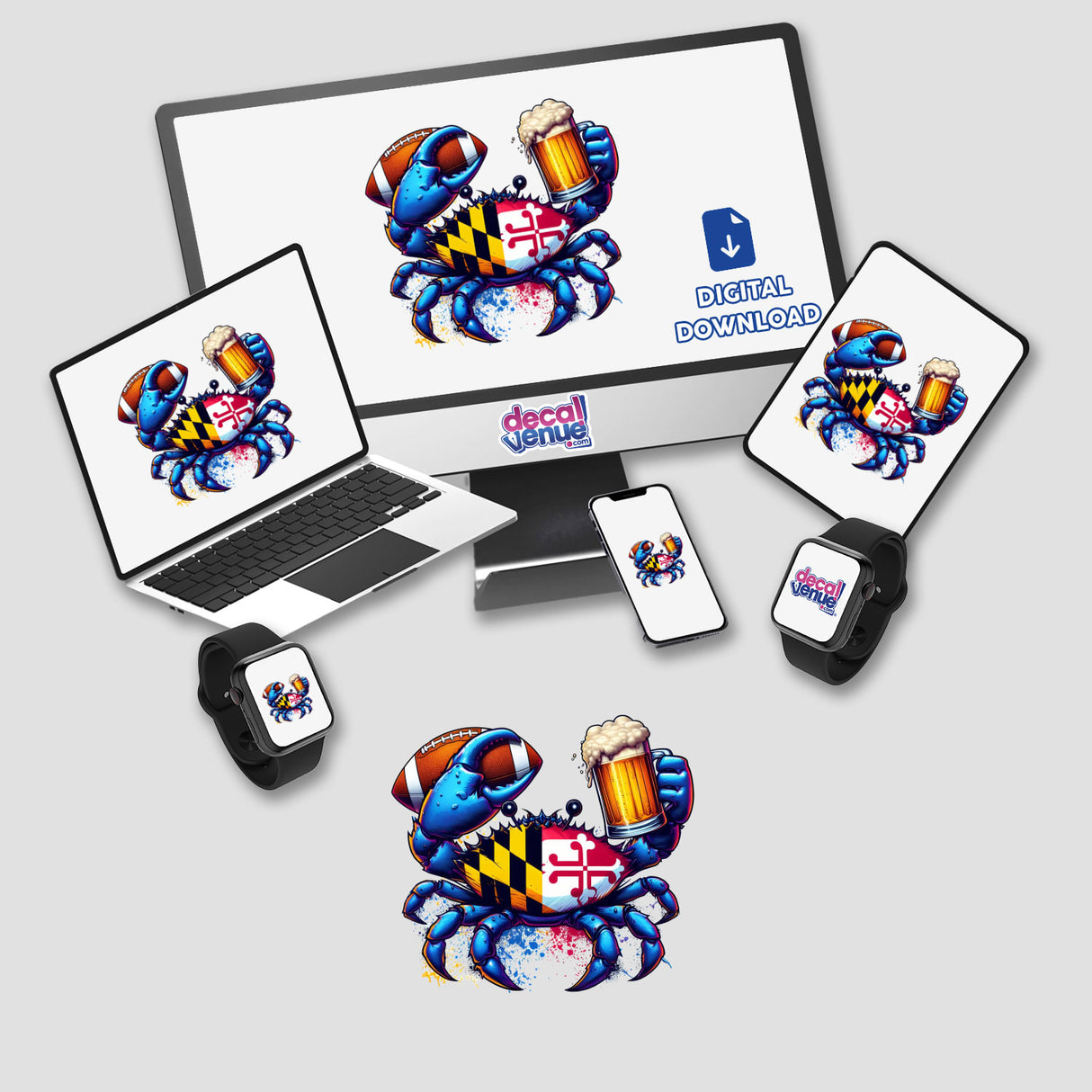 Maryland Crabs Football and Beer design featuring a cartoon crab holding a beer and football, displayed on a computer monitor and laptop. Available as stickers or digital artwork.