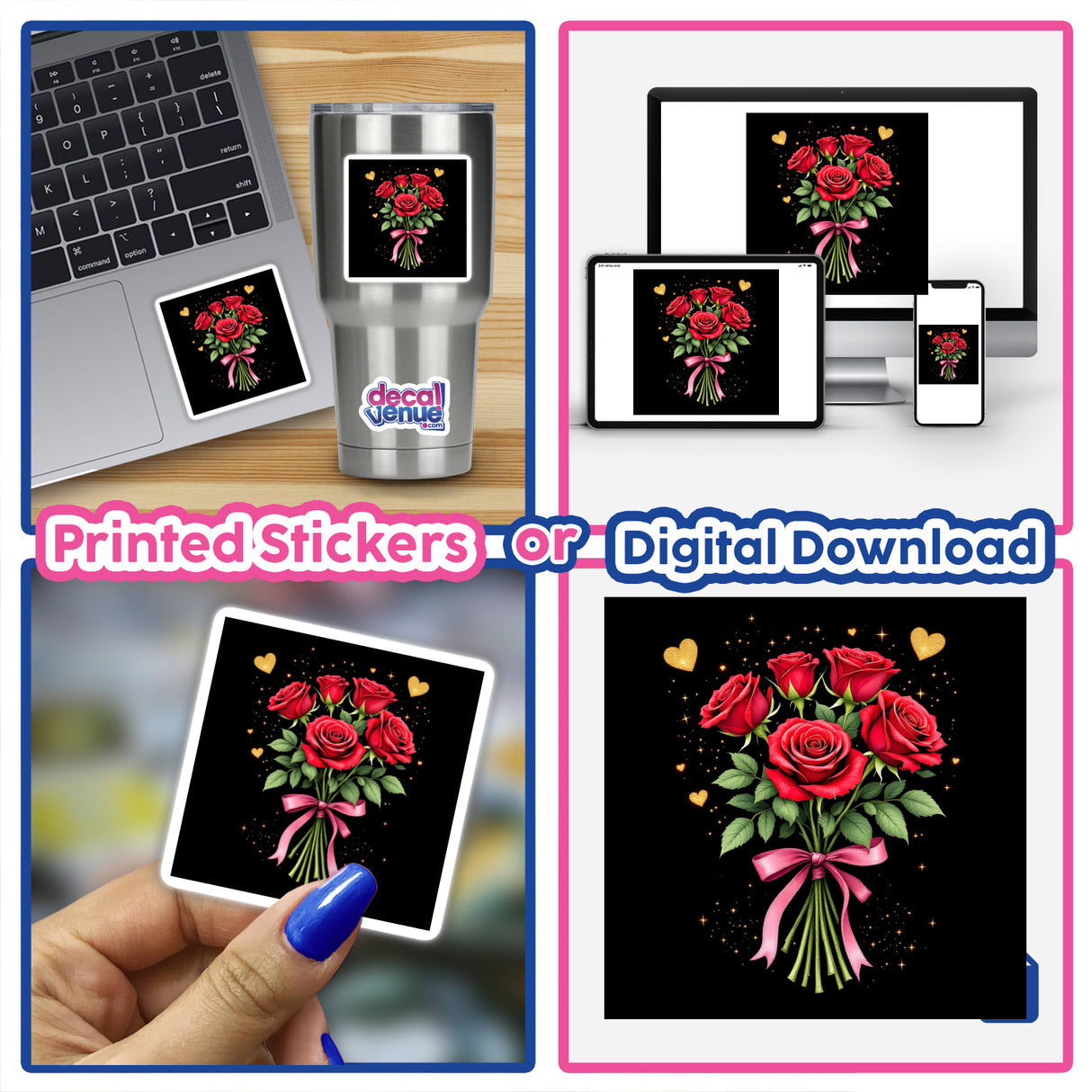 Collage featuring 'Bouquet of Red Roses with Pink Ribbon and Gold Hearts' as stickers and digital artwork on laptops and devices, showcasing unique designs from Decal Venue.